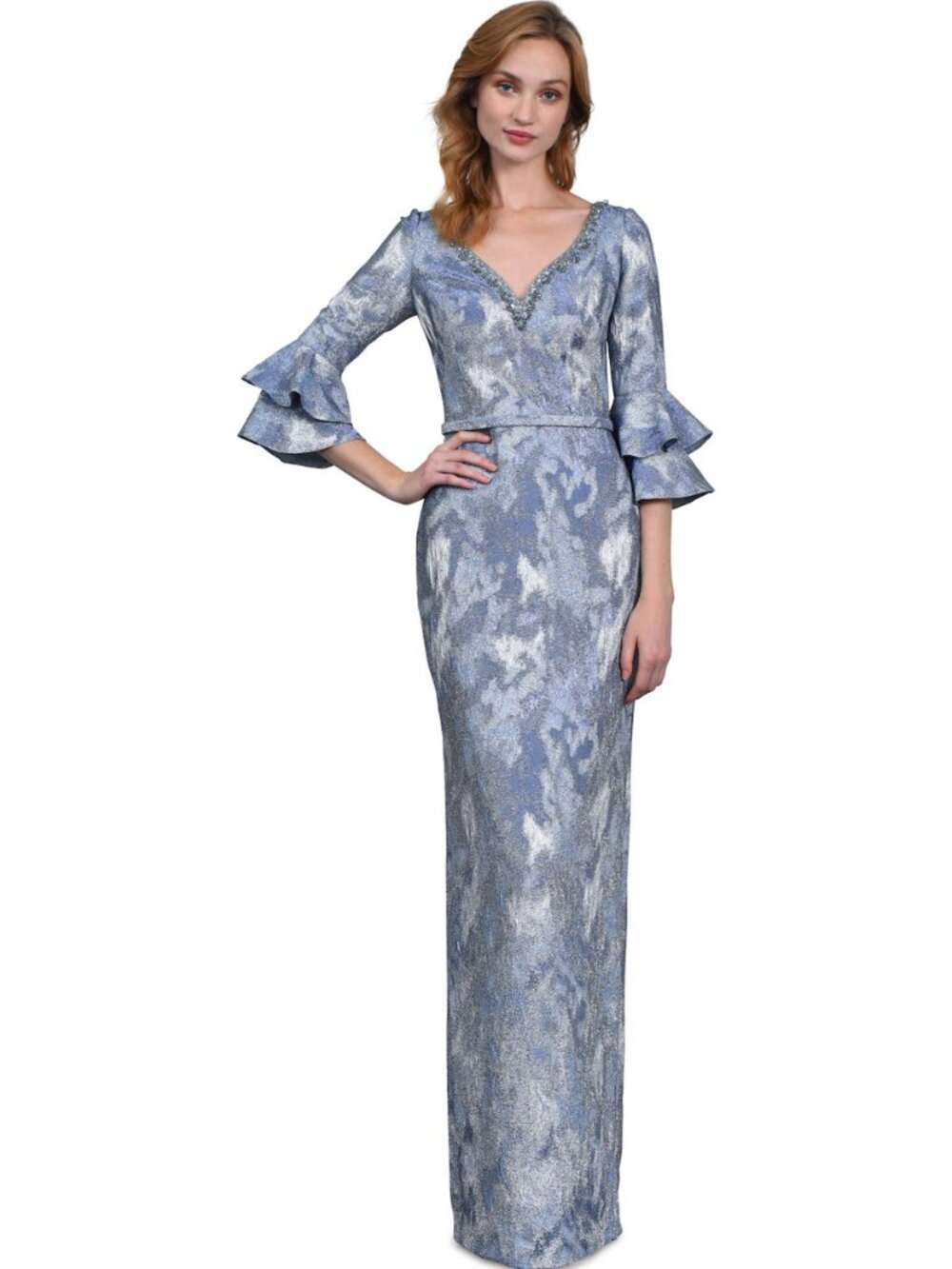 Theia Couture V Neck Column Gown with beads NWT